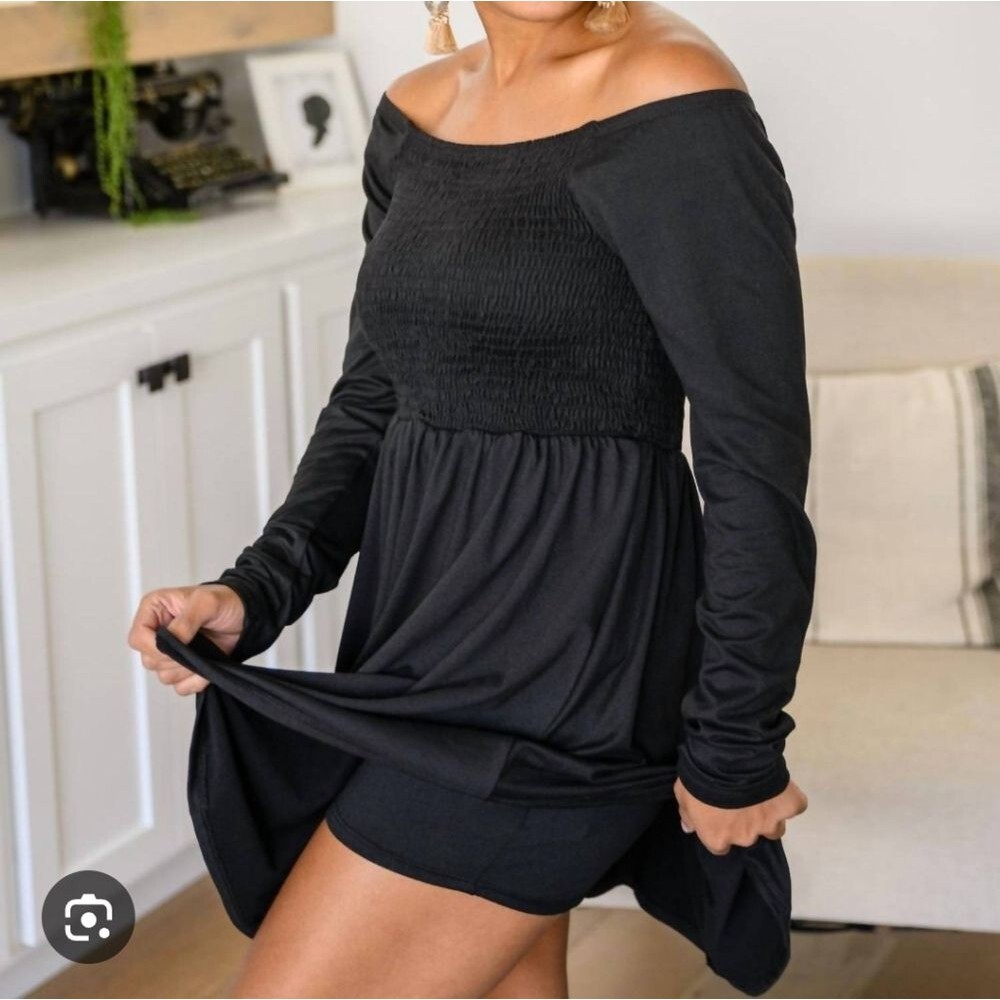White Birch L Picture Perfect Long Sleeve Skort Dress Black Off Shoulder Ci-3222